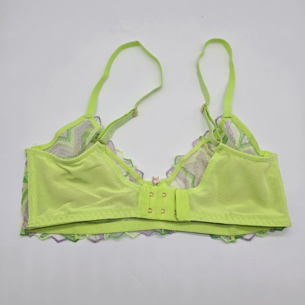 Savage X Fenty Lime Green Star Mesh Bra 32D Sheer Plunge - Picture 2 of 13